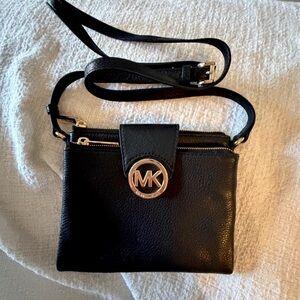 Michael Kors Black Pebbled Leather MK Logo Crossbody